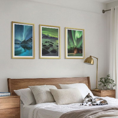 Set di 3 quadri Paesaggi invernali, aurora boreale, montagne