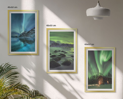 Set di 3 quadri Paesaggi invernali, aurora boreale, montagne