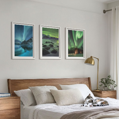 Set di 3 quadri Paesaggi invernali, aurora boreale, montagne
