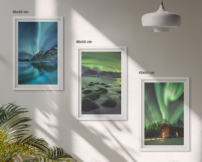 Set di 3 quadri Paesaggi invernali, aurora boreale, montagne