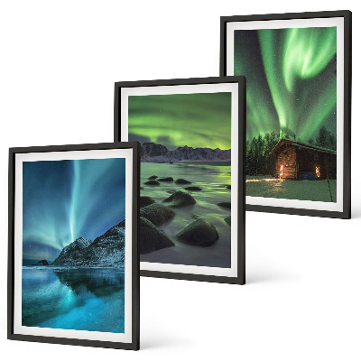 Set di 3 quadri Paesaggi invernali, aurora boreale, montagne