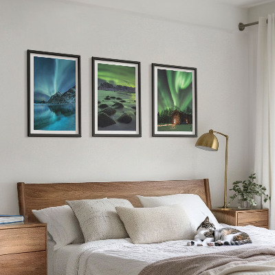 Set di 3 quadri Paesaggi invernali, aurora boreale, montagne