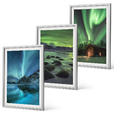 Set di 3 quadri Paesaggi invernali, aurora boreale, montagne