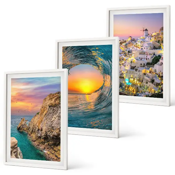 Set di 3 quadri con onde del mare e case bianche di Santorini