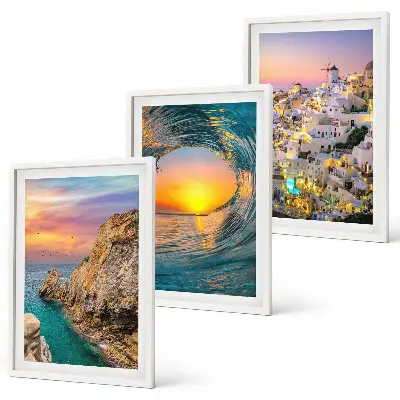 Set di 3 quadri con onde del mare e case bianche di Santorini