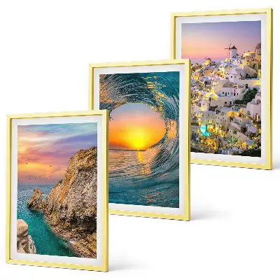 Set di 3 quadri con onde del mare e case bianche di Santorini