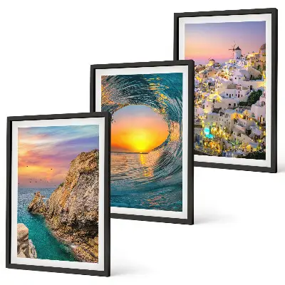 Set di 3 quadri con onde del mare e case bianche di Santorini
