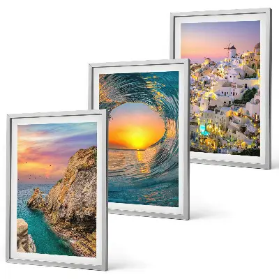 Set di 3 quadri con onde del mare e case bianche di Santorini