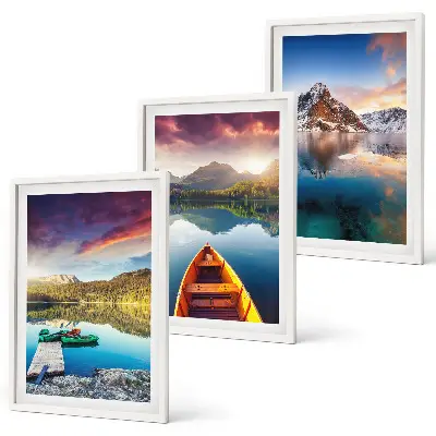 Set di 3 quadri con paesaggio di laghi montagne e barca