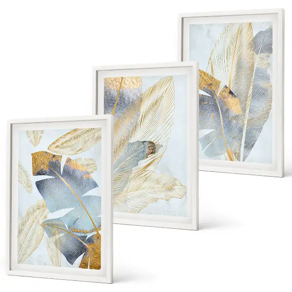 Composizione di quadri con foglie color azzurro e beige chiaro