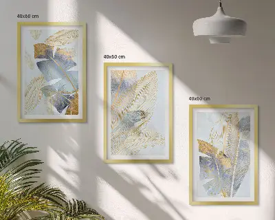 Composizione di quadri con foglie color azzurro e beige chiaro