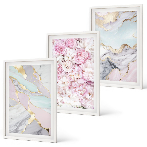 Set di 3 quadri Fiori rosa marmo pastello
