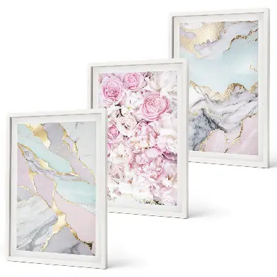 Set di 3 quadri con fiori rosa e marmo pastello