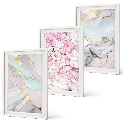 Set di 3 quadri Fiori rosa marmo pastello
