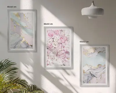 Set di 3 quadri con fiori rosa e marmo pastello