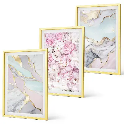 Set di 3 quadri con fiori rosa e marmo pastello