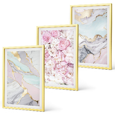 Set di 3 quadri Fiori rosa marmo pastello