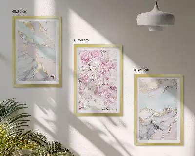 Set di 3 quadri con fiori rosa e marmo pastello
