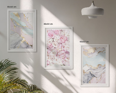 Set di 3 quadri Fiori rosa marmo pastello