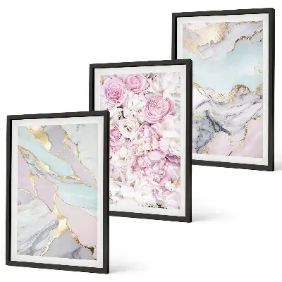 Set di 3 quadri con fiori rosa e marmo pastello