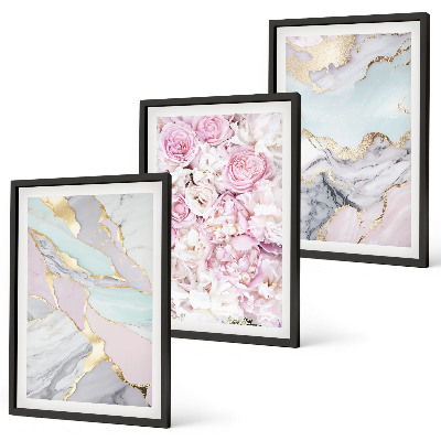 Set di 3 quadri Fiori rosa marmo pastello