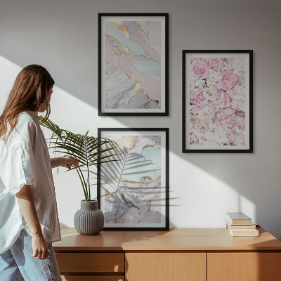 Set di 3 quadri Fiori rosa marmo pastello