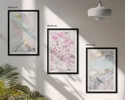 Set di 3 quadri con fiori rosa e marmo pastello