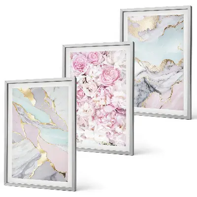 Set di 3 quadri con fiori rosa e marmo pastello