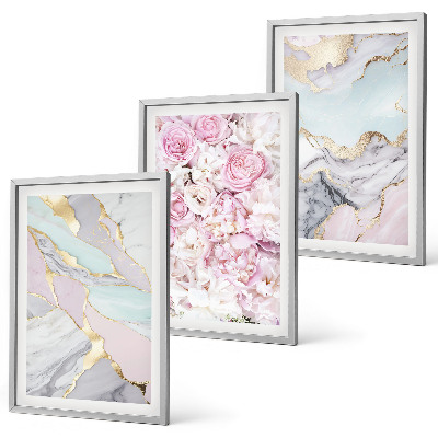 Set di 3 quadri Fiori rosa marmo pastello