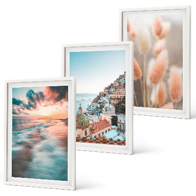 Set di quadri incorniciati tramonto sul mare case fiori