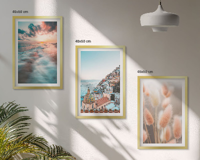 Set di quadri incorniciati tramonto sul mare case fiori
