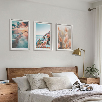 Set di quadri incorniciati tramonto sul mare case fiori