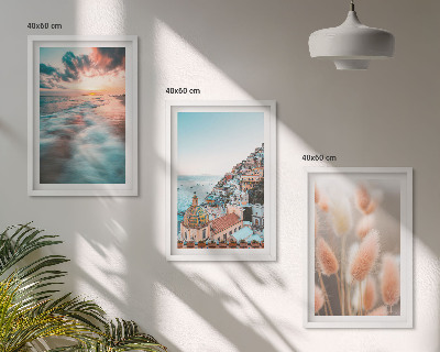 Set di quadri incorniciati tramonto sul mare case fiori
