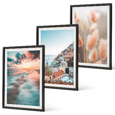 Set di quadri incorniciati tramonto sul mare case fiori