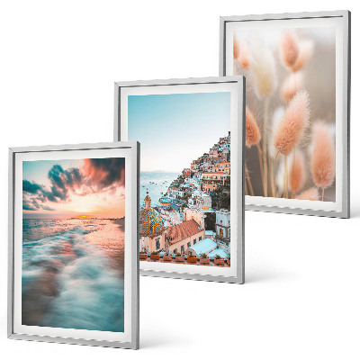 Set di quadri incorniciati tramonto sul mare case fiori