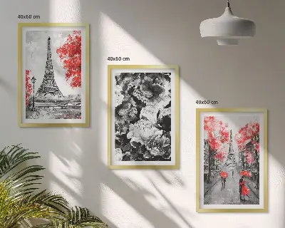 Composizione di quadri con dipinti della Torre Eiffel in tonalità grigie