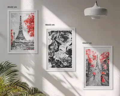 Composizione di quadri con dipinti della Torre Eiffel in tonalità grigie