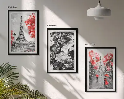 Composizione di quadri con dipinti della Torre Eiffel in tonalità grigie