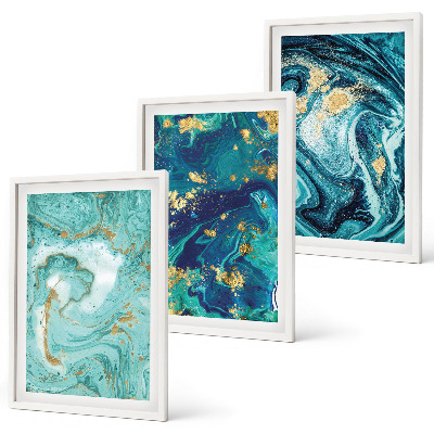 Set di 3 quadri Astrazione con pittura turchese