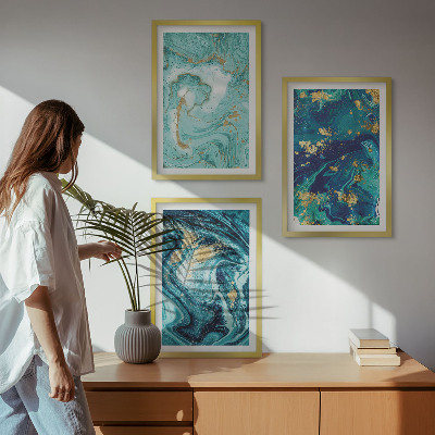 Set di 3 quadri Astrazione con pittura turchese