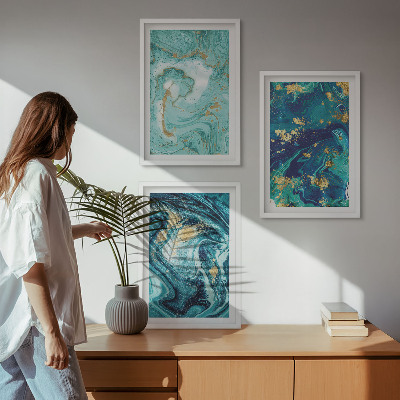 Set di 3 quadri Astrazione con pittura turchese