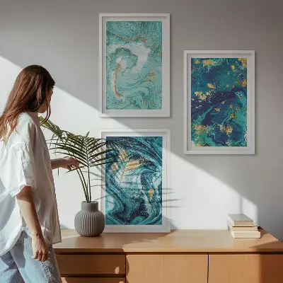 Set di 3 quadri con stampa di astrazione pittorica turchese