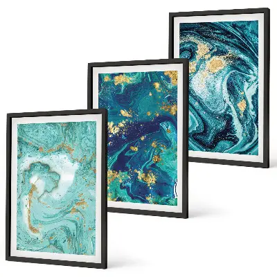 Set di 3 quadri con stampa di astrazione pittorica turchese