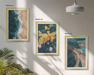 Set di 3 quadri con paesaggio di spiaggia, mare, limoni e montagne
