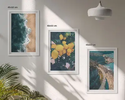 Set di 3 quadri con paesaggio di spiaggia, mare, limoni e montagne