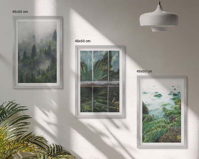 Set di 3 quadri Nebbia della foresta, sponda del fiume, serra