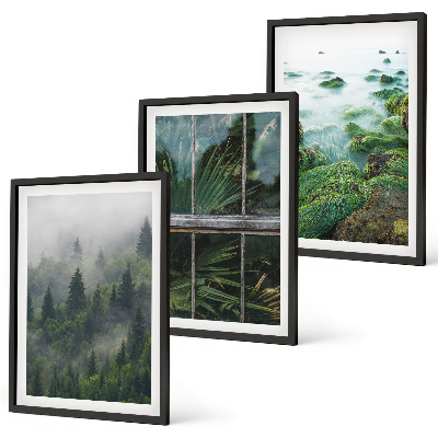 Set di 3 quadri Nebbia della foresta, sponda del fiume, serra