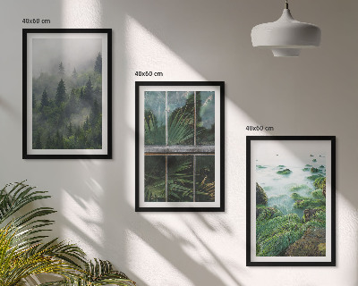Set di 3 quadri Nebbia della foresta, sponda del fiume, serra
