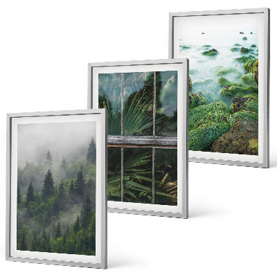Set di 3 quadri Nebbia della foresta, sponda del fiume, serra