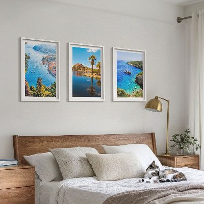 Set di 3 quadri Palme in riva al mare, acqua blu